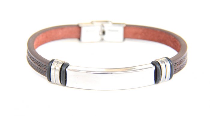 Pulsera de cuero marron con abalorio de acero y caucho