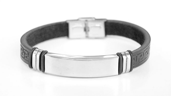 Pulsera de cuero labrado negro con 1 chapa de acero