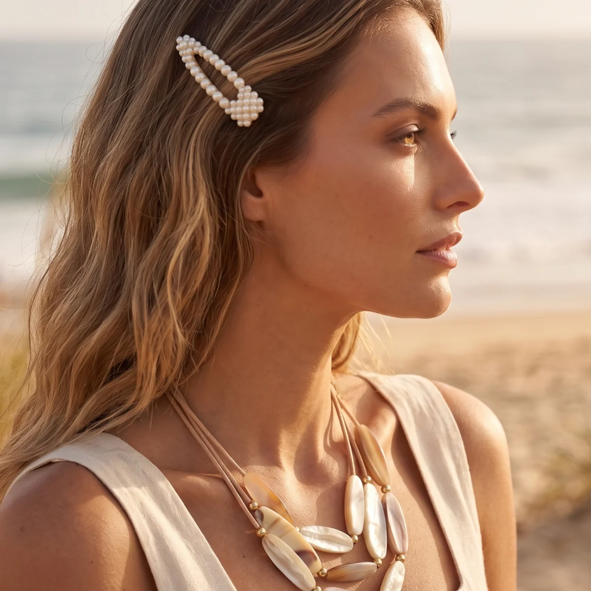 Collar Corto Tres Hileras Beige - Imagen 3
