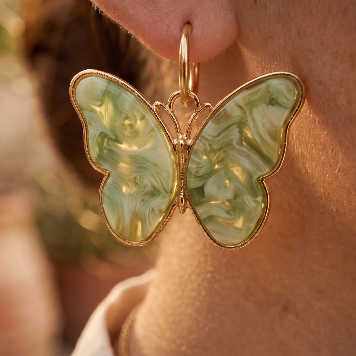 Pendientes Aro Mariposa Verde Mármol - Imagen 2