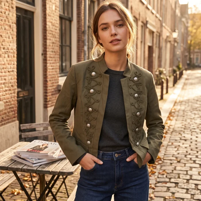 Mujer con chaqueta verde caqui militar de botones metálicos y jersey Kloreys